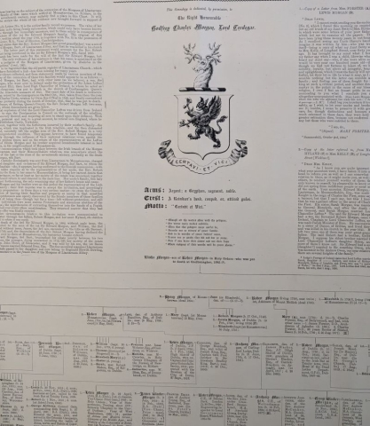Arfbais y teulu George Blacker Morgan gydag arwyddair a rhan o'r achau:ha 