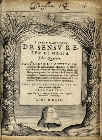 Tudalen deitl 'De sensu rerum et magia' gan Tommaso Campanella gan gynnwys llofnod perchnogaeth Henry Vaughan cc