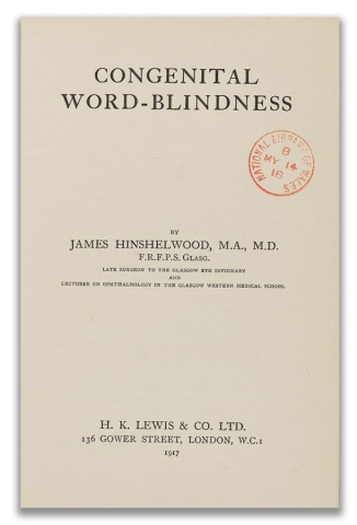 Tudalen deitl "Congenital word-blindness" gan James Hinshelwood (Llundain: H. K. Lewis, 1917) cc