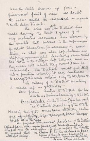 Llythyr Mary Silyn Roberts, tudalen 3. Ar y diwedd mae hi'n awgrymu lleihau ei ffi fel Ysgrifennydd. (ha)