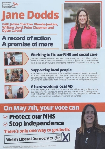 Deunydd ymgyrch etholiad Jane Dodds, y Democratiaid Rhyddfrydol Cymru, 2026 h