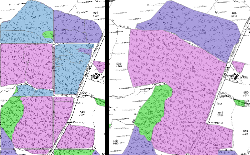 map wedi'i liwio yn ôl math y coetir cyn ac ar ôl prosesu. Mae'r ddelwedd cyn yn dangos bylchau artiffisial yn y data lle'r oedd ymylon y segmentau prosesu. Mae hyn wedi'i gywiro ar y ddelwedd ar ôl
