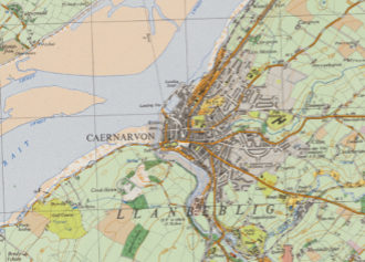 Caernarfon wedi'i lliwio â phum lliw gwahanol. Mae adeiladau unigol yn glir