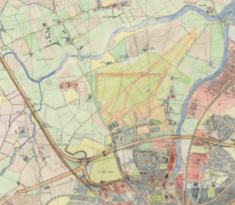map printiedig gydag elfennau wedi'u hychwanegu mewn pensil lliw