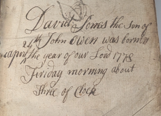 Genedigaeth David Jones yn 'Llythyrau rhwng Mr. Samuel Pike, a Mr. Robert Sandeman, mewn perthynas i'r Llythyrau ar Theron ac Aspasio' (1765) GJW 160 cc