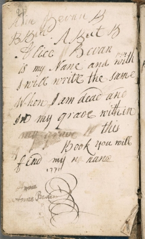 Llofnod a cherdd Alice neu Ann Bevan yn 'Esponiad byr ar gatecism yr Eglwys' (1762) GJW 152 
